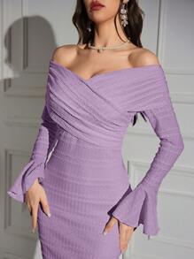 Modelyn Vestido Ajustado Elegante de Ombro à Mostra de Cor Sólida Feminino, Vestidos Longos de Noite para Primavera e Outono - Roxo - Visão 5