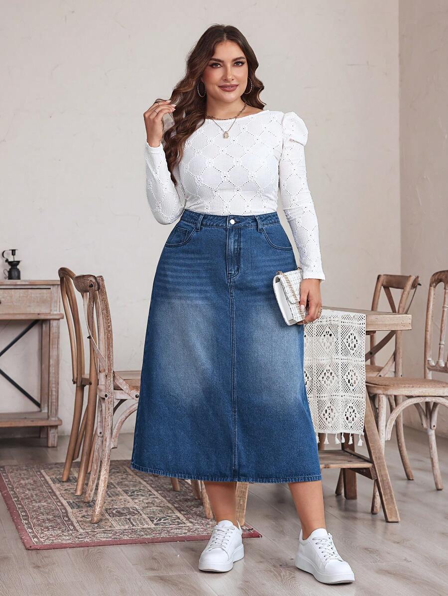 EMERY ROSE Falda vaquera holgada casual con botones frontales y bolsillos para tallas grandes - Azul lavado medio - Ver 1