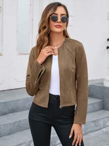 SHEIN Clasi Chaqueta corta casual con cremallera delantera de manga larga para mujer, primavera otoño - Café integral - Ver 4