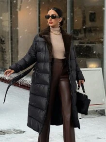 RueChic 优雅系腰带长款夹棉大衣，带毛领，女士冬装