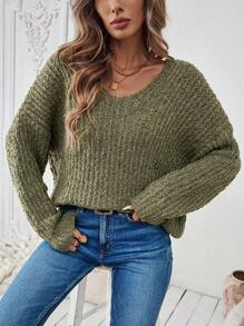 Chiquease Plain V-Neck Long Sleeve Minimalist Pullover Sweater, Casual Everyday Wear, Knit Pullover Fall Winter - Army Green - View 3