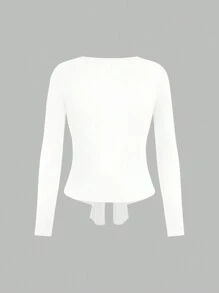 TRNVIE Áo thun nữ tay dài đơn sắc, xoắn phía trước, thường ngày, mùa xuân và mùa hè - trắng - Xem 2