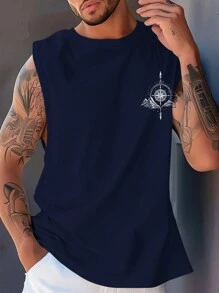 Manfinity LEGND 男士圆领无袖印花简约背心，休闲日常穿着 - 藏蓝色 - 查看 2