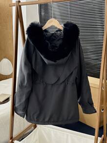 SHEIN Unity Casual Fluffy Collar Drawstring Waist Hooded Padded Padded Coat, Winter Clothes Fall Cloth For Women