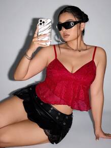 SHEIN ICON Plus Size Women's Summer Rose Mesh Asymmetric Hem Camisole