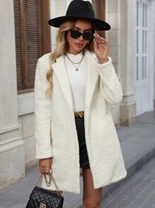 SHEIN Clasi 1pc Women's Textured Felt Long Coat, White, Suitable For Daily Commuting - White - View 3