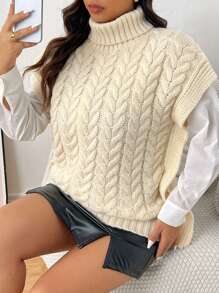 SHEIN Frenchy Plus Size Solid Color Turtleneck Minimalist Casual Sweater Vest