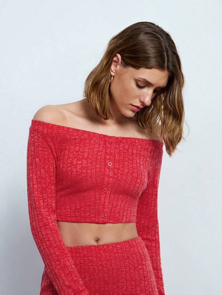 SHEIN Maija Women Red Solid Color Knitted Front-Button Off Shoulder Top And Skirt 2-Piece Set, Autumn