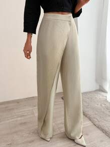 EURMUSE Women's Wrapped Design Straight Long Pants - Beige - View 3