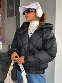 EURMUSE 女士时尚连帽独特设计绗缝拉链细节羽绒大衣，冬季服装