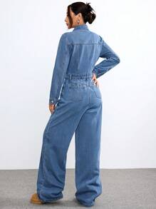 SHEIN EZwear 女士秋冬街头休闲洗水牛仔长袖夹克连体裤 - 淺色水洗藍 - 查看 2