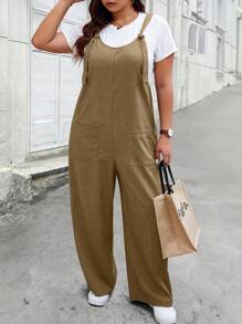 SHEIN LUNE Mono informal de talla grande de unicolor de verano con bolsillos dobles - Marrón - Ver 4