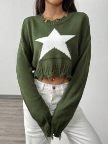 SHEIN EZwear Women's Crew Neck Long Sleeve Fringed & Star Print Colorblock Army Green Sweater - Green - View 4