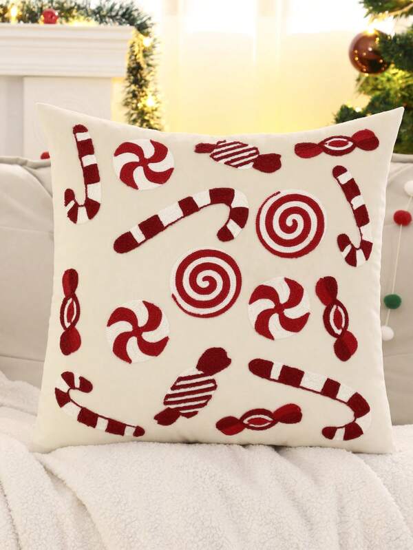 1 pieza Funda de cojín decorativa de terciopelo navideña con bordado de caramelo, para sala de estar y dormitorio