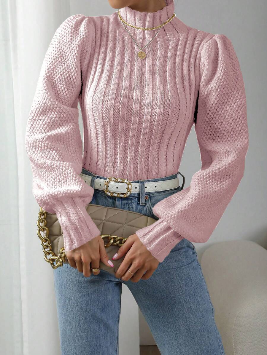 Calvaya Jersey de manga farol de cuello alto liso, para otoño/invierno - Rosa - Ver 1