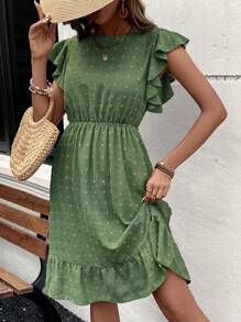 Chiquease Green Embroidered Waist Ruffle Hem Round Neck Midi Casual Dress For Women, Spring/Summer