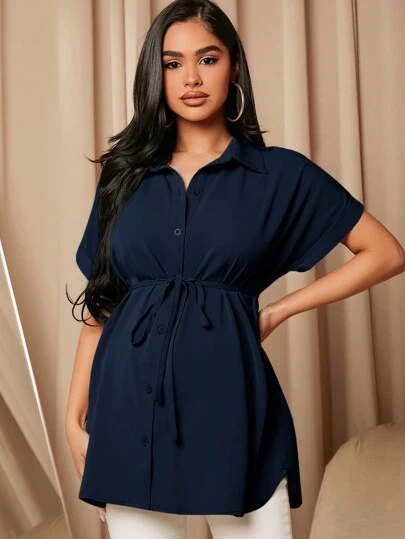 MaterniWear Maternity Solid Color Batwing Sleeve Belted Casual Blouse