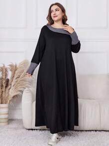 Al Najma Plus Size Textured Fabric Waffle Patchwork Long Sleeve Maxi Dress, Fall/Winter, Casual Modest Tee Dresses, For Casual Daily/At Home