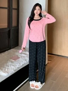 DAZY 波点印花二合一荷叶边露背家居服套装，舒适保暖，秋冬睡衣