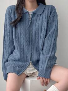 DAZY Women's Loose Fit Turndown Collar Cable Cable Zip-Up Cardigan