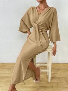 Celisse Robe élégante pour femmes, couleur unie, col en V, manches chauve-souris, ceinturée avec fente latérale, pour le printemps et l'été