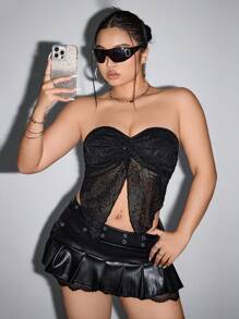SHEIN ICON ملابس علوية سوداء كبيرة الحجم للنساء، ذات تصميم ملفوف أمامي وذيل منقطع الحافة - الأسود - مشاهدة 1