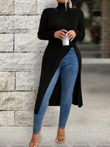 SHEIN LUNE 大尺碼女士純色高領長袖分裂式側擺休閒T恤，春夏款 - 黑色 - 查看 4