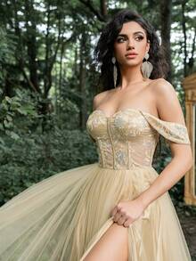 Faeriesty Off-Shoulder Abendkleid mit Rückenteil-Schnürung, elegantes Abendkleid für Hochzeitsgäste, für Graduierung, Dinner