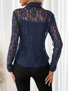 SHEIN Clasi Áo cánh ren dài tay ôm vừa vặn cho nữ mùa xuân và mùa hè - Màu xanh hải quân - Xem 2