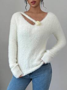 Chiquease Women's Asymmetric Neck Drop Shoulder Long Sleeve Fuzzy Sweater, Autumn & Winter, Knit Pullover Fall - Beige - View 1