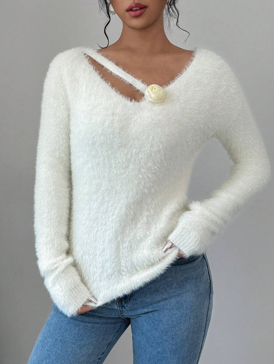 Chiquease Women's Asymmetric Neck Drop Shoulder Long Sleeve Fuzzy Sweater, Autumn & Winter, Knit Pullover Fall - Beige - View 1