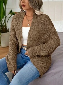 Calvaya Plus Size Solid Color Batwing Sleeve Cardigan, For Autumn And Winter - Khaki - View 6