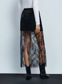 Maija Fusta neagră de damă, culoare uni, din catifea, cu îmbinare, minimalistă, elegantă, toamnă iarnă - Negru - Vizualizare 2