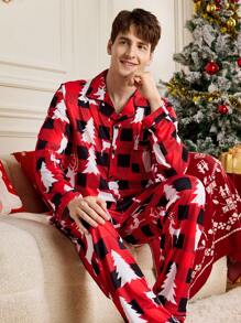 2 件男士前扣长袖全印花衬衫和裤子家居服套装 - 紅色 - 查看 6