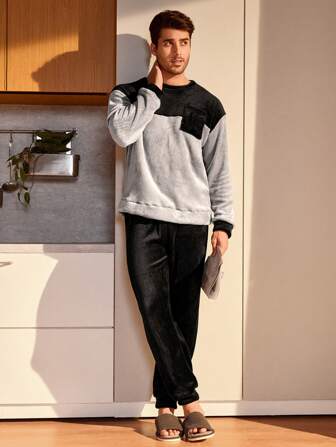 Manfinity Underwear&Sleepwear Basics 2pcs Men's Contrast Color Crew Neck Long Sleeve Pocket Top And Pants Sleepwear Loungewear Set, Fall Winter Cozy Clothes , Fluffy