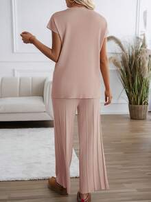 女士休闲两件套：圆领毛衣背心和宽松阔腿针织裤，秋冬 - 淺粉色 - 查看 2