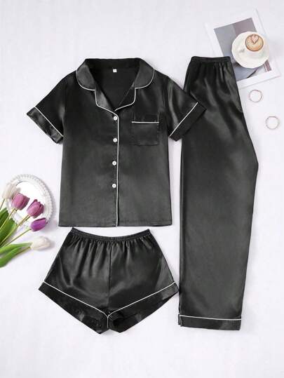 Set de 3 piezas de pijama de mujer con contraste de ribete unicolor de satén sintético con cuello