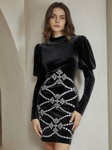 Anewsta Elegantes schwarzes lang ärmeliges Kleid aus Samt mit Prägung, Rollkragen und aufgeblähten Ärmeln - Schwarz - Übersicht 7