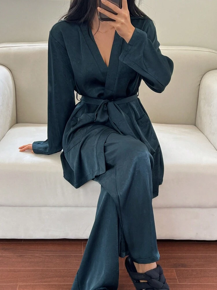 Women Solid Color Long Sleeve Satin Belted Robe & Pants Sleepwear Lounge Set, Cozy Outfits, Fall Winter Clothes Pajama