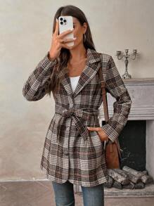 SHEIN LUNE 2024 New Plaid Cinched Waist Mid-Length Blazer Jacket For Women - Brown - View 1