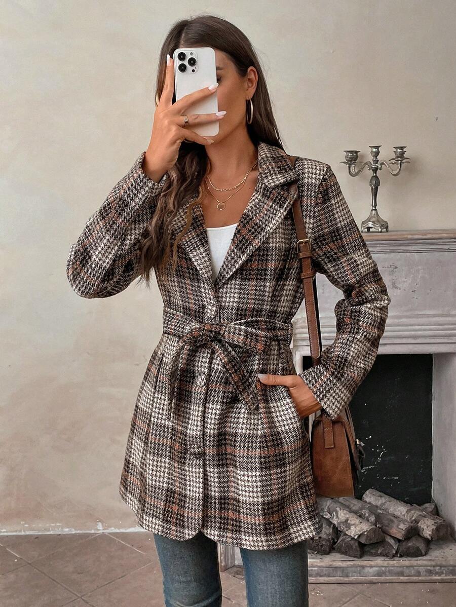 SHEIN LUNE 2024 New Plaid Cinched Waist Mid-Length Blazer Jacket For Women - Brown - View 1