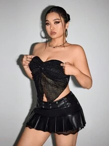 SHEIN ICON ملابس علوية سوداء كبيرة الحجم للنساء، ذات تصميم ملفوف أمامي وذيل منقطع الحافة - الأسود - مشاهدة 3