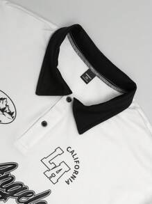 Manfinity Joysei 大码男士拼色前扣短袖字母印花简约 Polo 衫，韩版时尚图案衬衫，适合外出 - 白色 - 查看 5