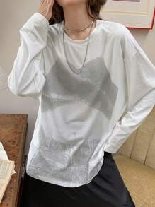 DAZY Áo thun nữ cổ tròn tay dài in họa tiết dáng rộng, chất liệu mỏng, quần áo mùa thu - trắng - Xem 6