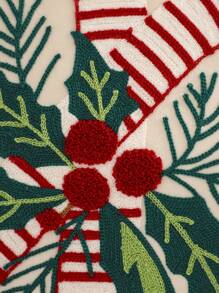 1pc Christmas Decorative Throw Pillow Cover, Embroidered Santa Tree Snowman House Design, Velvet For Living Room Bedroom - Red - View 5