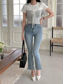 DAZY Áo thun nữ tay ngắn ôm vừa vặn màu khối - Màu Xám nhạt - Xem 3