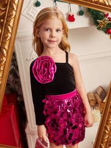 SHEIN 年轻女孩优雅派对礼服套装，长袖天鹅绒荷叶边上衣 + 迷你亮片裙，适合圣诞节假期、家庭聚会、舞台表演和礼物 - 彩色 - 查看 5