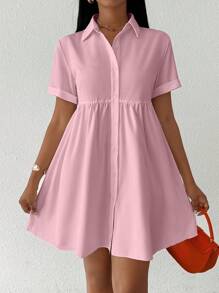 SHEIN Unity Women Fashion Solid Color Short Sleeve Shirt Peplum Top - Dusty Pink - View 6