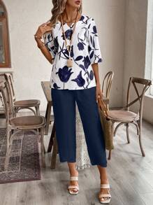 EMERY ROSE Conjunto de camisa y pantalones de longitud hasta el tobillo con estampado floral para mujer