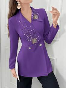 Modelyn Women's Spring Autumn Rhinestone-Studded Single Breasted Elegant Office Blazer - Purple - View 5